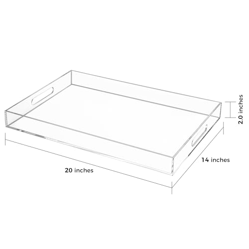 Clear Rectangular 14x20 Inches Acrylic Ottoman Tray Decorative Serving Tray with Cutout Handles Organizer Tray on Coffee Table Countertop Big Breakfast Bed Tray Living Room Appetizer Serving Food - color: Clear, size: 20" x 14" x 2"