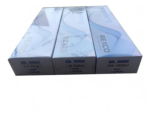 BEXCO Adjustable Variable Volume Micropipette Set of 3 (0.5-10uL, 10-100uL, 100-1000uL) - Professional Lab Pipettors Combo Pack, Partially Autoclavable