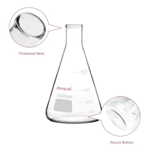 stonylab Erlenmeyer Flasks, 2 Pack 1000 ml Narrow Mouth Heavy Wall Borosilicate Glass Erlenmeyer Flask Laboratory Glassware - size: 1000 ml