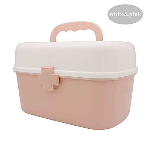 Plastic First Aid Storage Box Container Bin with Removable Tray and Portable Handle, Family Emergency Medicine Kit Case Organizer, White&Pink - color: white&pink