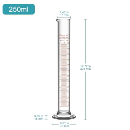 stonylab Class A Graduated Cylinder, 250 ml Borosilicate Glass High Precision Measuring Cylinder with Clear Scale and Stable Base for Laboratory Liquid Measurement - size: 250 ml