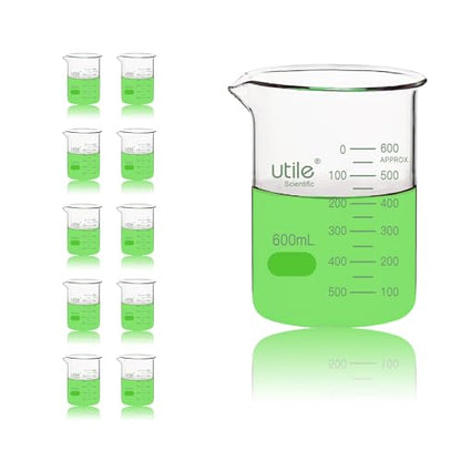 Utile 10 Pcs Glass Beaker Set, Vol.600ml Beakers, Glass Beaker with Double Scale Printed Graduation, 4000.0600.10-X - style: 10 pcs of 600ml