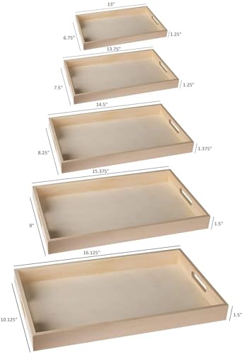 Hammont Wood Serving Tray Set with Handles - 5-Piece Nested Breakfast Trays for Food, Party Buffet, Organizing, and Montessori - Versatile Wooden Trays for Serving, Catering, and Bathroom Use
