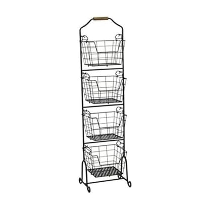 Mikasa Gourmet Basics Ferme 4-Tier Market Basket - Antique Black Wire and Acacia Wood Handle, Kitchen Fruit Vegetable Storage Organizer, 13.5 x 11.5 x 51 Inches - style: Ferme