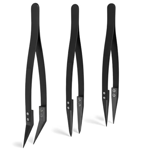 Black Ceramic Tweezers Set - Antistatic, Anticorrosion, Antimagnetic, Highly Heat Resistant up to 3000F (3 Pack) - Stainless Steel Handle - Zirconia Tips