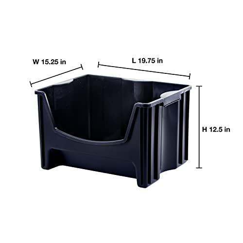 Mighty Tuff Jumbo Stackable Storage Bins, Pack of 3, Easy-Access Storage, Large Easy-to-Grip Handles, Wide Front Opening, Interlocking, Stack Vertically, Black - size: Jumbo