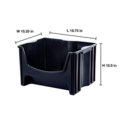 Mighty Tuff Jumbo Stackable Storage Bins, Pack of 3, Easy-Access Storage, Large Easy-to-Grip Handles, Wide Front Opening, Interlocking, Stack Vertically, Black - size: Jumbo