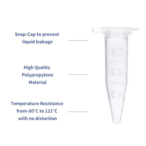 0.5ml Microcentrifuge Tubes 1000pcs, EO Sterilized Plastic Small Vials with Caps for Sample Storage Without Leakage(1000)