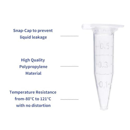 0.5ml Microcentrifuge Tubes 1000pcs, EO Sterilized Plastic Small Vials with Caps for Sample Storage Without Leakage(1000)