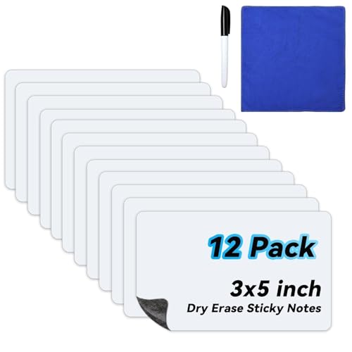 12 Pack Dry Erase Sticky Notes 3x5 inch Reusable Whiteboard Stickers Mini Dry Erase Sticky Notes Removable Sticky Labels with Wipe Cloth for Labels, Lists