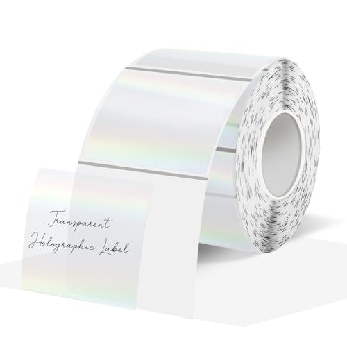 Square Transparent Clear Thermal Labels Stickers, 1.5 Inch Holographic Clear Transparent Thermal Label Stickers, Direct Printable Stickers for Small Businesses, Perforation Line Design- 300 Sheets - size: square- 1.5 inch