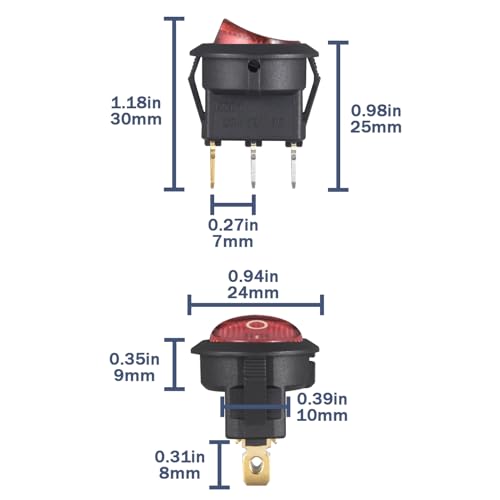 VEXUNGA Round Rocker Switch 12V 20A Red Light Iluminated Small Rocker Switch On Off 3 Pin Circle Square Toggles Switches for RV Car Truck Boat (Pack of 5pcs) - style: 5Pcs 3 Pin ON/OFF - Red