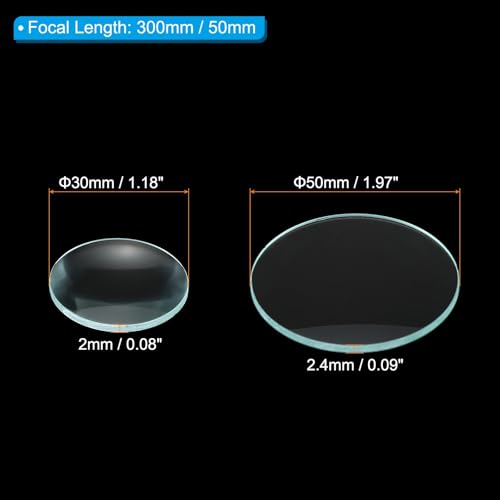 PATIKIL Convex Lens, 300 50mm Focal Length 50/30mm (1.97/1.18") Diameter Round Glass Magnifying Telescope Lens Trial Set Ground Edge for Lab Physics Class Optics, 4 Pcs - size: 300/50mm FL, 50/30mm Dia.