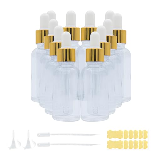 12 Pcs Glass Dropper Bottles with Eye Dropper Dispensers Lab Dropping Bottles with 2Pcs Long Pipettes 2Funnel and12 Label for Travel Cuticle Massage Essential Oils Perfume (Clear,1oz) - color: Clear, size: 1 Ounces