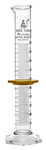 Graduated Cylinder, 100mL - ASTM, Class A Tolerance ±0.50mL - Protective Collar, Hexagonal Base - White Graduations - Borosilicate 3.3 Glass - Eisco Labs - size: 100mL
