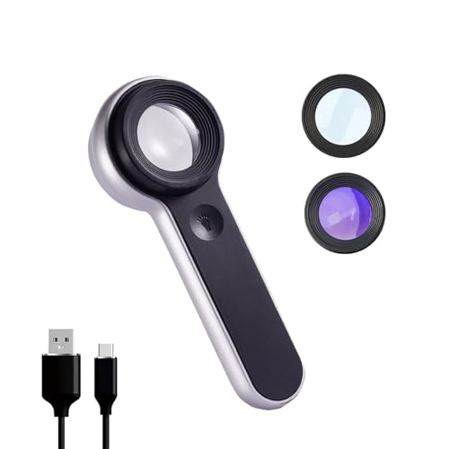 Handheld Magnifier Loupe 60x with UV and LED Lights, USB Rechargeable Illuminated Jewelers Loupe Optical Glass Magnifying Glass for Diamond, Jewelry, Coins, Stamps, Currency, Circuit Board