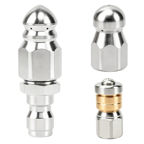Sewer Jetter Nozzle Kit, 3 Pcs Stainless Steel Rotating Button Nose