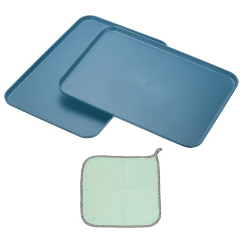 PATIKIL 15x10.6 Plastic Tray, 2 Pack Rectangular Plates Food Tray Wheat Plates Dishes Reusable Dessert Plate Trays with Cloth for Cake Fruits Salad Cupcake Steak Serving Dark Blue - color: Dark Blue, size: L(15"x10.6")