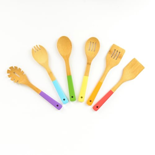 Rainbow Bamboo Kitchen Utensil Set for Kids – Montessori-Inspired 6-Piece Real Cooking Tools | Ages 2+ | Natural Bamboo | Color-Coded | Thoughtful Gift for Toddlers & Preschoolers