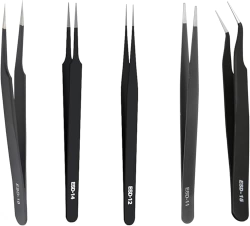 Precision Tweezers Set, 5PCS Upgraded Anti-Static Stainless Steel ESD Tweezers Kit for Electronics Repair, Soldering, Laboratory Work, Jewelry-Making, Model Building, Crafts with Storage Bag
