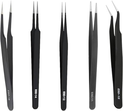 Precision Tweezers Set, 5PCS Upgraded Anti-Static Stainless Steel ESD Tweezers Kit for Electronics Repair, Soldering, Laboratory Work, Jewelry-Making, Model Building, Crafts with Storage Bag