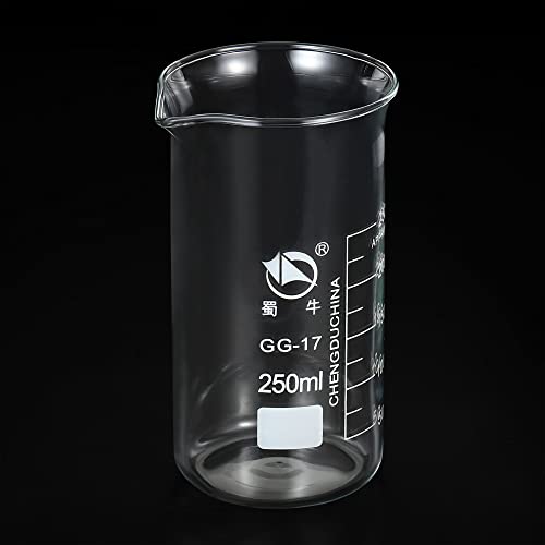PATIKIL 250ml Tall Form Glass Beaker, 3.3 Borosilicate Glass Graduated Printed Scale Measuring Cups with Spout for Kitchen Lab Liquids Transit Boiling - size: 250ml