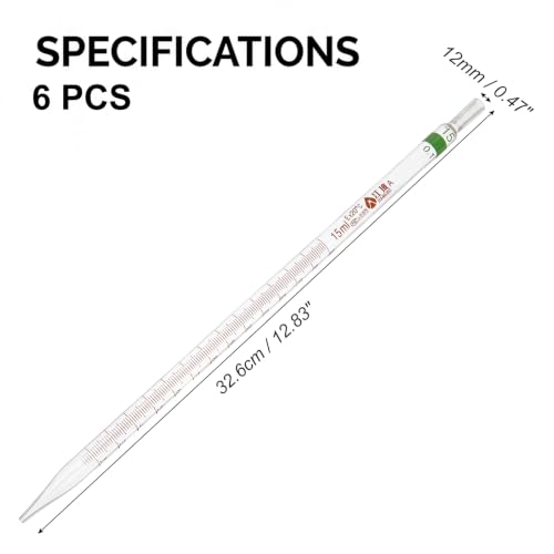 PATIKIL 15ml Glass Graduated Pipettes +/- 0.08ml, 6Pcs Coded Bands - size: 15ml