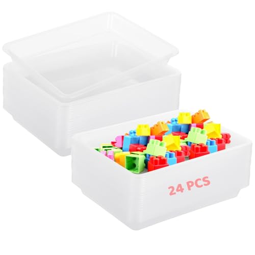 OMISTAR 24 PCS Plastic Art Clear Trays - 11 x 8.3 x 1.2 Inches Flat Storage Tray Serving Organizer Trays, Stackable Bins for Painting Beads Office DIY Projects