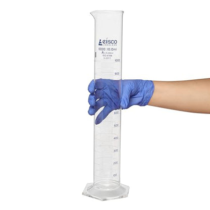 Graduated Cylinder, 1000ml - Class A Tolerance ±5.00ml - Hexagonal Base - Blue Graduations - Borosilicate 3.3 Glass - Eisco Labs - size: 1000mL