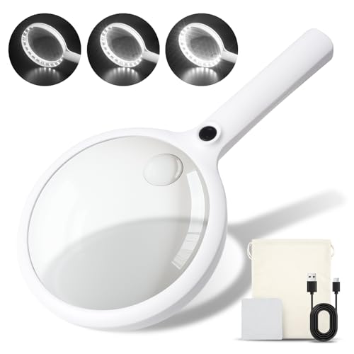 2000mah Rechargeable Handheld Magnifying Glass with 24 LED Lights, 5X 10x Reading Magnifier Large 5 inch Lens, 3 Light Modes for Seniors Reading, Inspection (White) - color: White