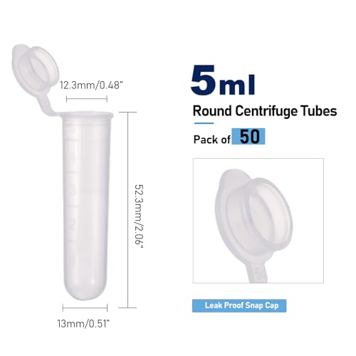50Pcs 5ml Round Bottom Centrifuge Tubes with 1Pcs Rack
