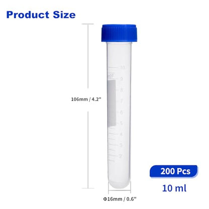 10mL Centrifuge Tubes,200PCS Round Tubes Sterile,Leak-Proof Screw Caps(Blue), Plastic Container with Graduated and Write Marks, Non-pyrogenic, DNase/RNase Free, Human DNA-Free (Bag Pack) - size: 10ml-Round