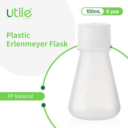 Utile Plastic Erlenmeyer Flask Set with Screw Caps, 6pcs of Vol.100ml Scientific Conical Flask Laboratory Flask, with Molded Graduations, 4023.0641.6 - size: 6 pcs of 100ml