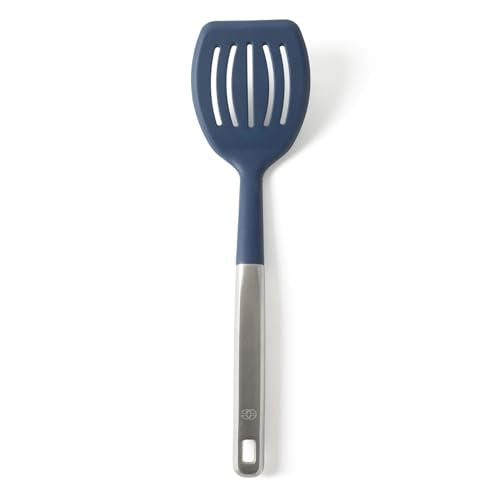 Calphalon Prime Slotted Turner, Kitchen Flipping Spatula, Slotted Spatula with Silicone Head and Stainless Steel Handle, Heat Resistant Nonstick Cookware for Flipping and Draining (Navy Blue) - color: Navy Blue III, size: Slotted Turner