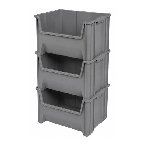 Akro-Mils Stak-N-Store Stackable Plastic Storage Bin, Open Front Organizer, Gray, 3 Pack - color: Gray, size: 12.7 Gallons