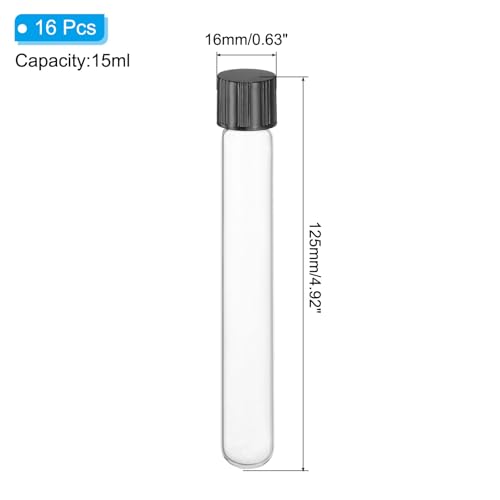 PATIKIL 15ml Test Tubes with Caps, 16pcs Glass Test Tubes Clear Round Bottom Test Tube Containers with Plastic Cap for Bead Candy Bath Salt Storage Scientific Experiment Plant, 16mmx125mm - size: 15ml-M
