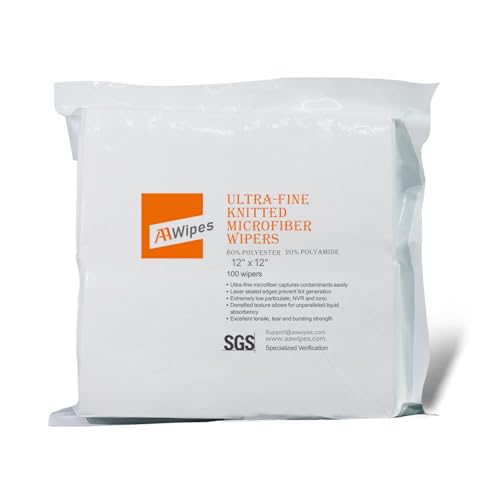 AAwipes Superfine Microfiber Wipes Knitted Cleanroom 12"x12" (100 Counts/Bag, 180gsm, Polyester) High-End Lint Free Cloths for Fiber Optics, Laser Sealed Edge Class 100 Cloths (MF18012) - size: 12"X12" 100 Wipes