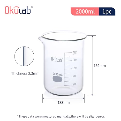 2000mL Glass Beaker, Low Form, Graduated 3.3 Borosilicate Glass Beakers for Lab, Classroom, Craft, Kitchen,BKLG2000A1 - style: Vol.2000ml