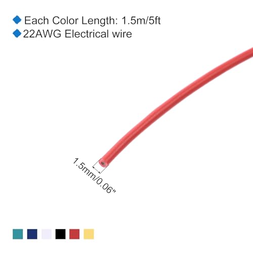 MECCANIXITY 22 Gauge PVC Hookup Wire 1.5m/5ft 22AWG Flexible Electrical Wire UL1007 Tinned Copper Stranded 6 Color, 1.5mm Dia for Model Aircraft Electric Appliances Internal Connect - size: 1.5m, 22AWG