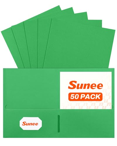 SUNEE Two Pocket Folders, 50 Pack File Folders with Business Card Slot, Textured Paper, Fit Letter Size Paper, Paper File Folder for School Office Home Business, Green - color: Green