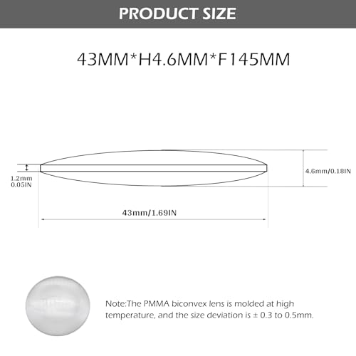Double Convex Lens - 43mm Diameter, 145mm Focal Length, Optical biconvex Lens for Physics Experiments, Photography, Magnifying, and DIY Projects - Pack of 1pcs (43mm x H4.6mm x F145) - size: 43mm x H4.6mm x F145