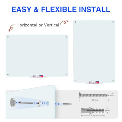 Maxtek Magnetic Glass Whiteboard 36x 24 in, Frameless Glass Board for Wall - size: 36"W x 24"H