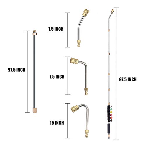Selkie Pressure Washer Extension Wand Upgrade Power Washer Lance with Spray Nozzle Tips,30°,90°,120° Curved Rod, 1/4’’Quick Connect, Replacement for Anti-Leaked Ring 4000 PSI… - size: 97INCH