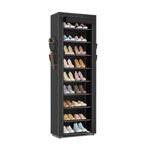 LANTEFUL Narrow Shoe Rack with Cover 10 Tier Tall Shoe Rack Organizer Large Capacity Shoe Shelf Storage 18-22 Pairs Space Saving Free Standing Shoe Storage Organizer for Closet, Entryway, Dorm, Black - color: Black, size: 10 Tier - 17.7"W