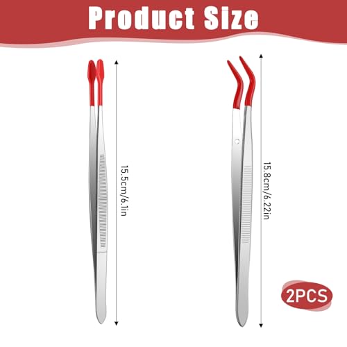 Rubber Tipped Tweezers, 2 Pcs PVC Coated Precision Tweezers Hobby Craft Tweezers Set, Long Bent and Straight Flat Tip Tweezers for Crafts Stamps Coin Beads Jewelry Industrial Electronic Lab (Red) - color: Red