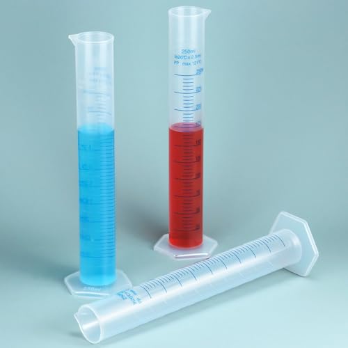 QWORK 6-Pack Plastic Graduated Cylinders, 250ml Science Hydrometer Test Tube Cylinder, Dual Marking Lines, Measuring Cylinder with Pour Spout