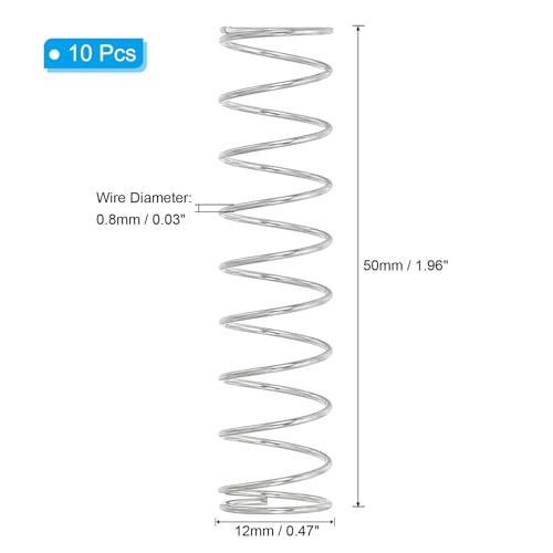 PATIKIL Compression Spring, 0.8mm Wire Dia x 12mm OD x 50mm L, 10 Pcs 304 Stainless Steel Mechanical Extension Small Springs Pen Springs Assortment Kit for Shop and Home Repairs - size: 0.8x12x50mm