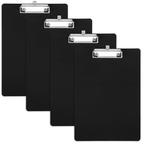 Plastic Clipboard 8.8x12.4in Fit A4 8.5x11 Letter Size, 4 Pcs Sturdy Clip Board Stylish & Convenient with Pen Storage Holder Loop, Waterproof Writing Accessory for Daily Office Working Home Use - color: Black, size: 8.8x12.4in - A4
