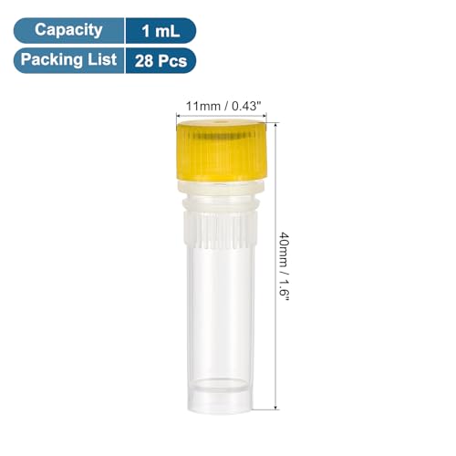 PATIKIL 1.0mL Plastic Cryogenic Vial, 28Pcs Cryogenic Storage Tube Lab Frozen Test Tube Container Storage Screw Cap for Lab Laboratory Science, Yellow Clear - color: Yellow, size: 1.0ml