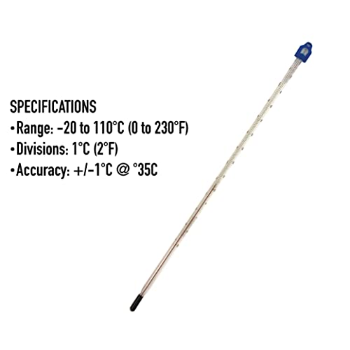 Glass Thermometer -10 to +110C 300 mm for Measuring Water and Liquids